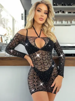 Chemise noire en nylon strass lingerie vêtements de soirée nuisette