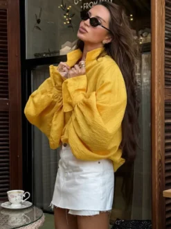 Chemise oversize à manches bouffantes texturées et col montant boutonné