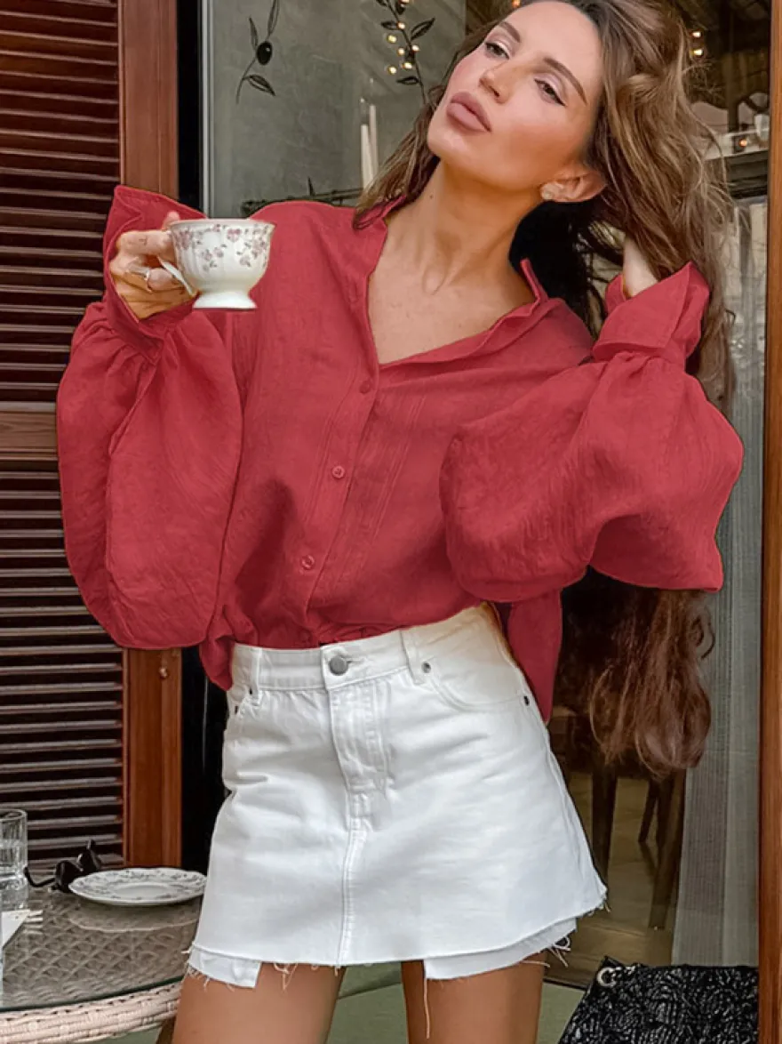 Chemise oversize à manches bouffantes texturées et col montant boutonné