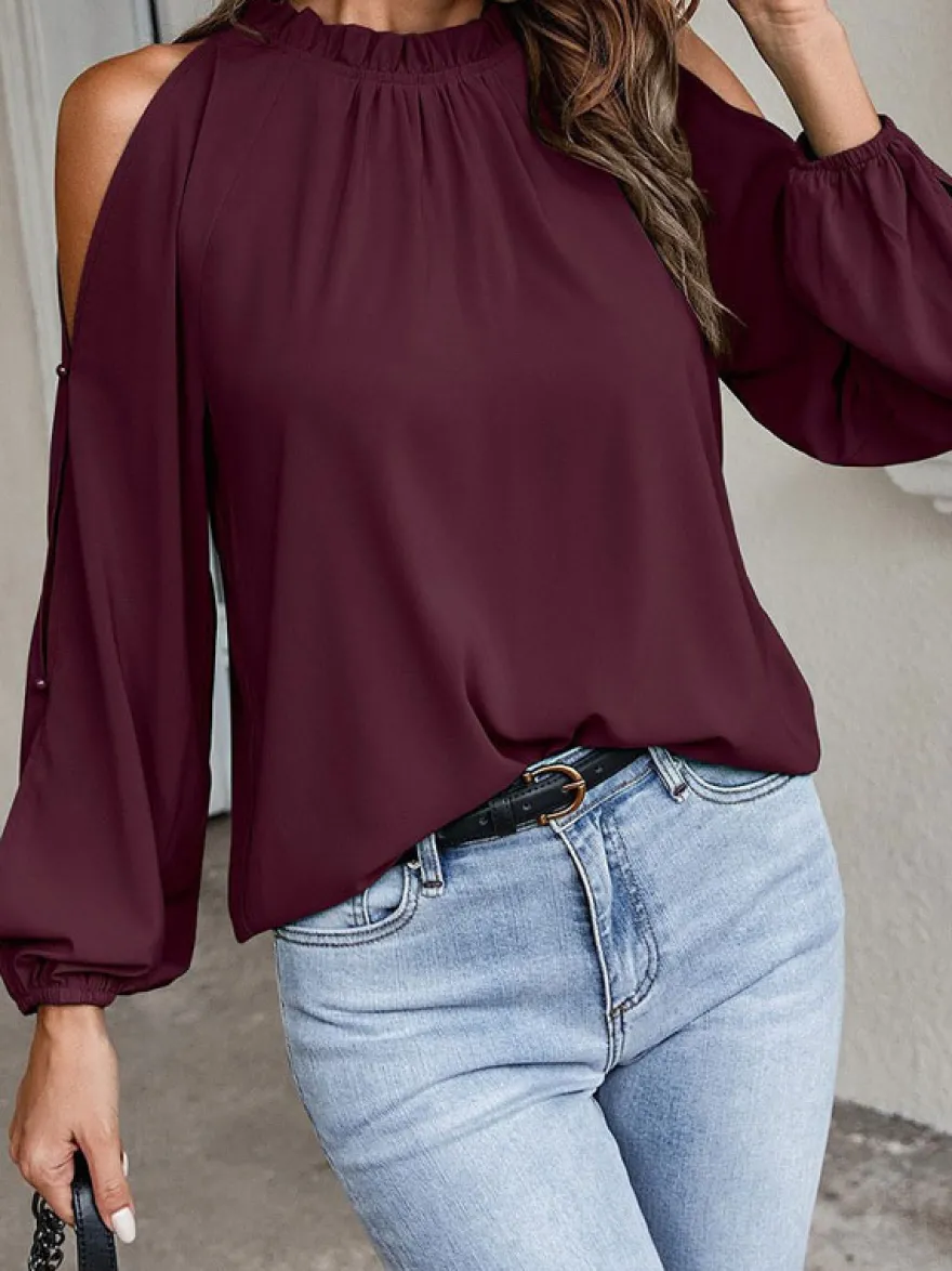 Chemise Pour Femme Rouge Col Rond Décontracté Manches Longues Tops