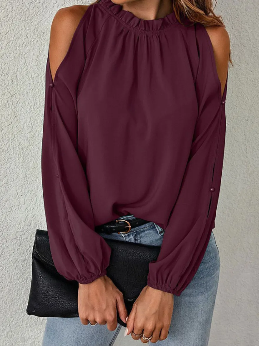 Chemise Pour Femme Rouge Col Rond Décontracté Manches Longues Tops