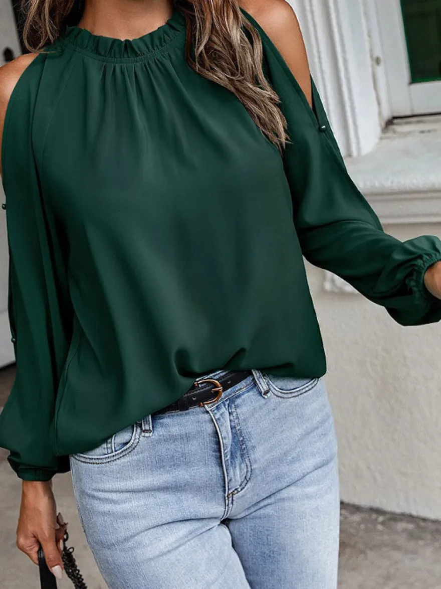 Chemise Pour Femme Rouge Col Rond Décontracté Manches Longues Tops