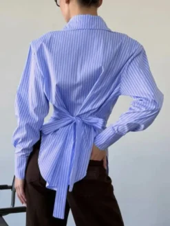 Chemise rayée à manches longues taille cintrée col à nouer dans le dos blouse à revers froncée sur le devant haut décontracté pour femme