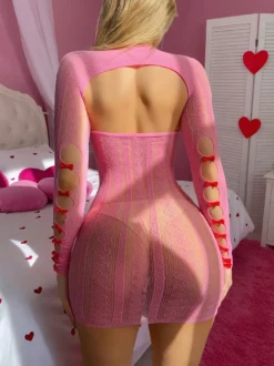 Chemise rayée rose pour la Saint-Valentin nœuds en nylon résille rose mini-lingerie ajourée séduisante