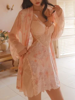 Chemise saumon à lacets roses dos nu en dentelle à motif floral