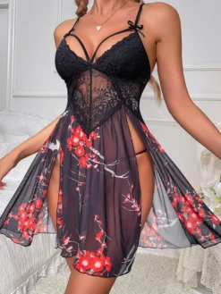 Chemises Babydoll Noires À Imprimé Floral En Dentelle Chic Sexy