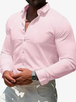 Chemises à manches longues pour hommes élastiques boutonnées coupe slim couleur unie