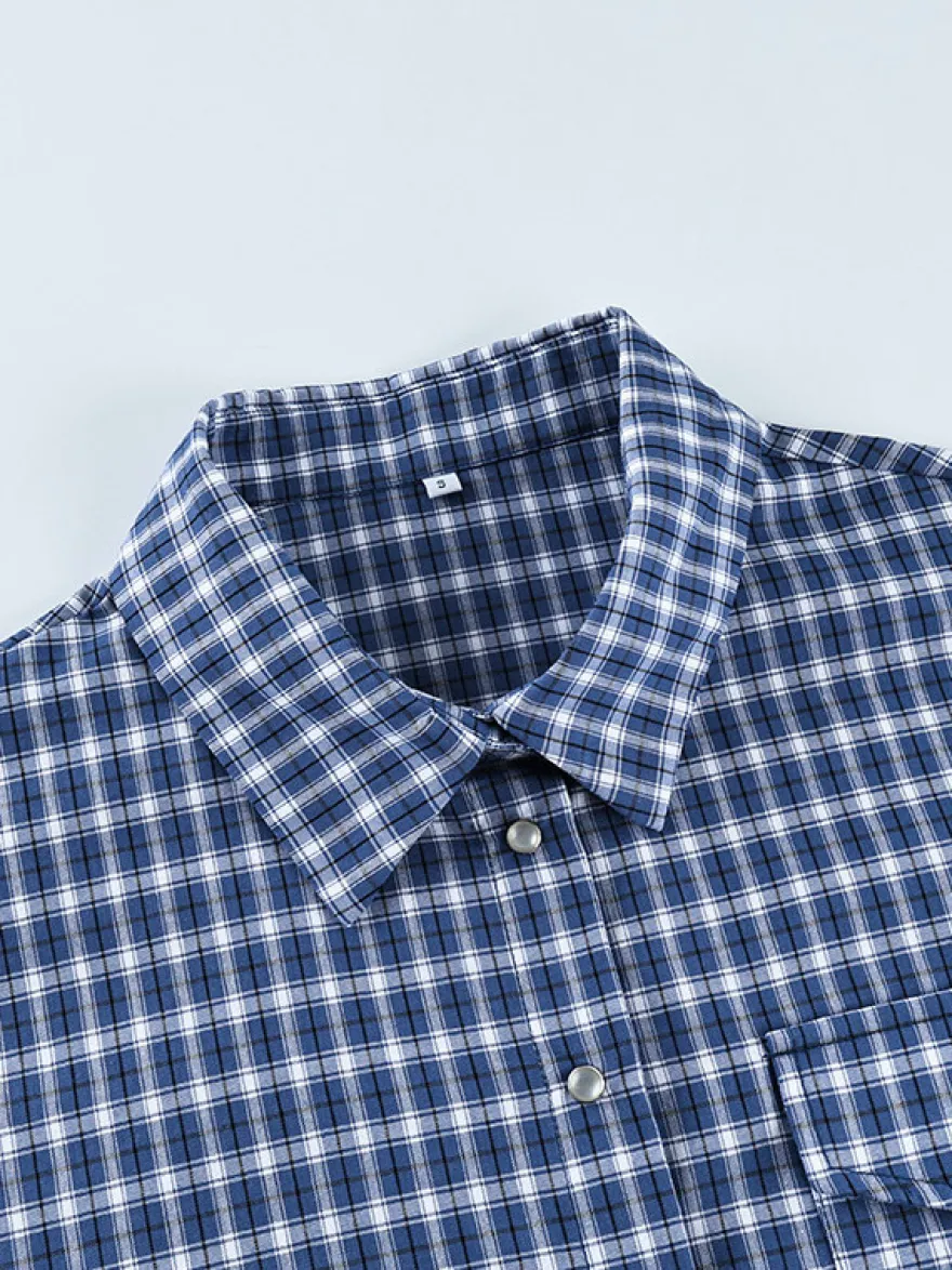 Chemise vintage bleue à carreaux vichy oversize manches longues boutonnée