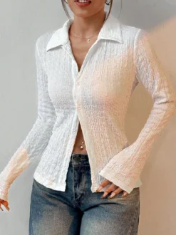 Chemisier blanc à boutons pour femme col rabattu manches longues style décontracté