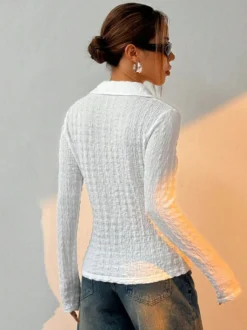 Chemisier blanc à boutons pour femme col rabattu manches longues style décontracté