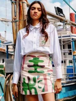 Chemisier blanc court à boutons chemise patchwork à poches et manches bouffantes