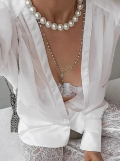 Chemisier blanc à décolleté plongeant pour femme - Top sexy transparent à manches longues - Style français pour soirées printanières streetwear 2026