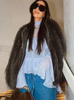 Chemisier bleu clair à volants étagés pour femme - Haut élégant à col montant et manches cloche - Style bohème chic tenue de plage 2026
