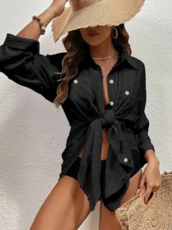 Chemisier bleu foncé pour femme col rabattu boutons chics manches courtes