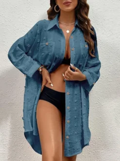 Chemisier bleu foncé pour femme col rabattu boutons chics manches courtes