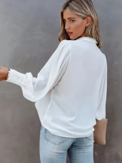 Chemisier Blouse Court Femme avec Manches Longues à Col Revers Unicolore
