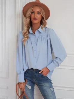 Chemisier Blouse Court Femme avec Manches Longues à Col Revers Unicolore