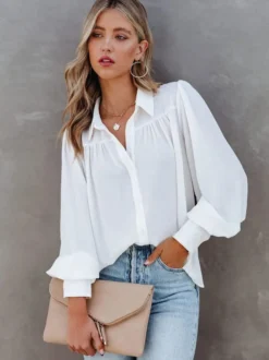 Chemisier Blouse Court Femme avec Manches Longues à Col Revers Unicolore