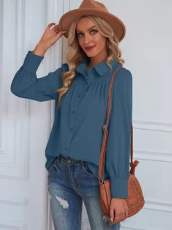 Chemisier Blouse Court Femme avec Manches Longues à Col Revers Unicolore