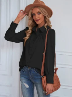 Chemisier Blouse Court Femme avec Manches Longues à Col Revers Unicolore