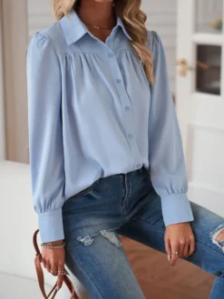 Chemisier Blouse Court Femme avec Manches Longues à Col Revers Unicolore