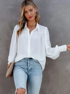Chemisier Blouse Court Femme avec Manches Longues à Col Revers Unicolore