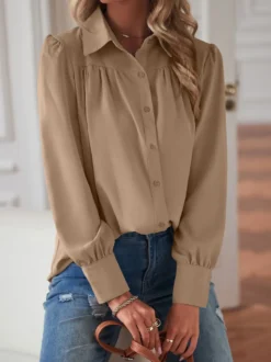 Chemisier Blouse Court Femme avec Manches Longues à Col Revers Unicolore