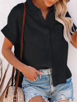 Chemisier Blouse Femme à Col Revers avec Manches Courtes Unicolore