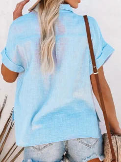 Chemisier Blouse Femme à Col Revers avec Manches Courtes Unicolore