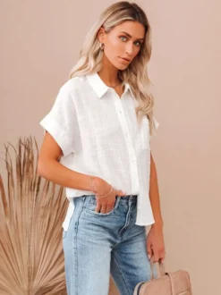 Chemisier Blouse Femme à Col Revers avec Manches Courtes Unicolore