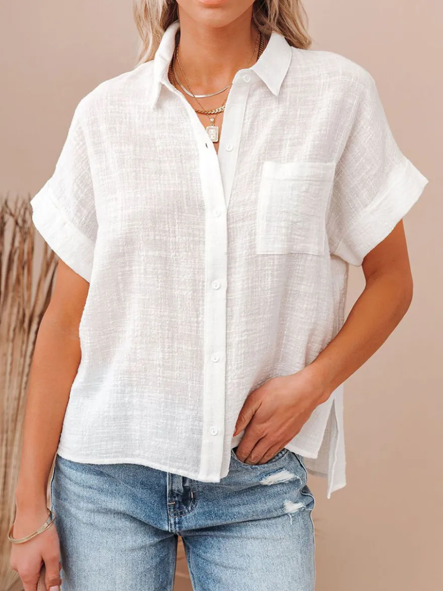 Chemisier Blouse Femme à Col Revers avec Manches Courtes Unicolore