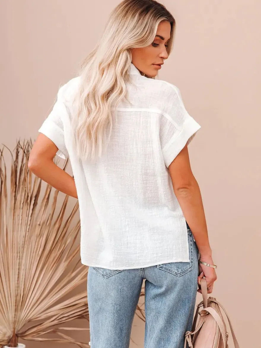 Chemisier Blouse Femme à Col Revers avec Manches Courtes Unicolore