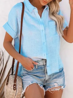 Chemisier Blouse Femme à Col Revers avec Manches Courtes Unicolore