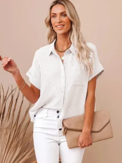 Chemisier Blouse Femme à Col Revers avec Manches Courtes Unicolore