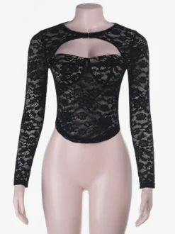 Chemisier bustier noir sexy à manches longues et découpes en dentelle style corset pour femme - Tenue de soirée printanière 2026