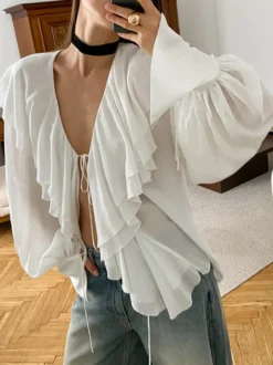 Chemisier chic à volants et nœud sur le devant pour femme - Blanc style vintage français manches lanternes col en V profond - Collection printemps-été 2026