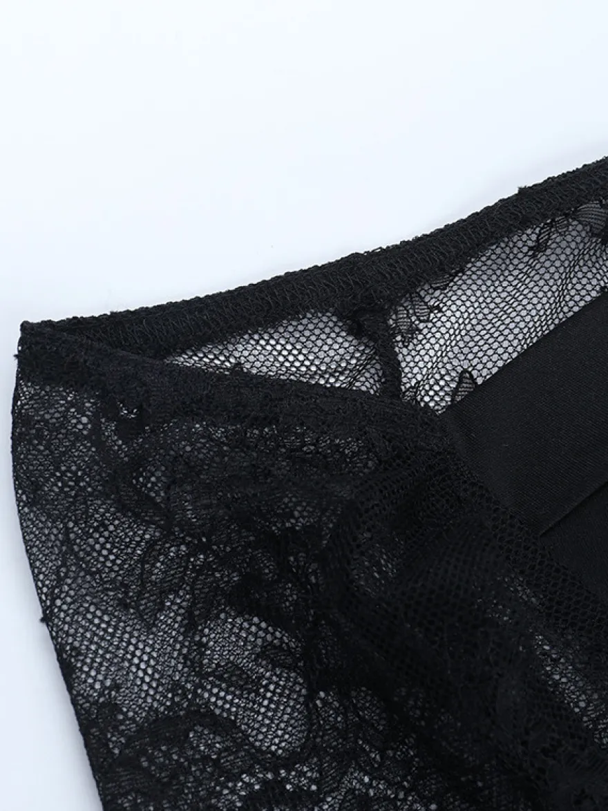 Chemisier corset en dentelle à épaules dénudées pour femme - Bustier noir transparent à manches longues en maille - Tenue de soirée printanière 2026