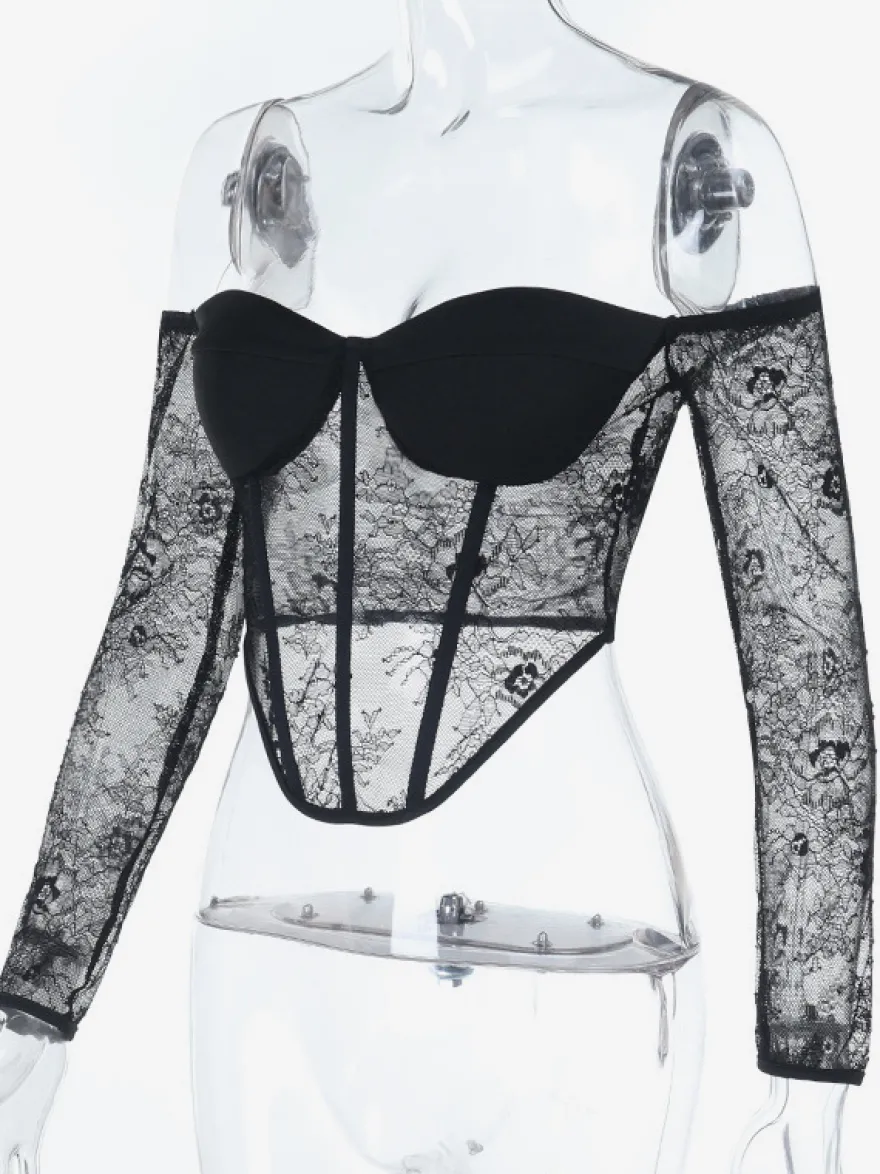 Chemisier corset en dentelle à épaules dénudées pour femme - Bustier noir transparent à manches longues en maille - Tenue de soirée printanière 2026
