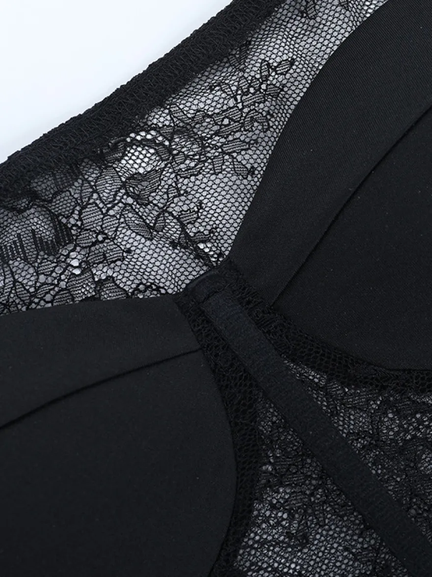 Chemisier corset en dentelle à épaules dénudées pour femme - Bustier noir transparent à manches longues en maille - Tenue de soirée printanière 2026