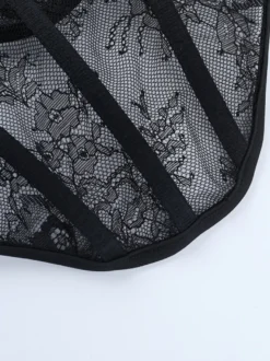 Chemisier corset en dentelle à épaules dénudées pour femme - Bustier noir transparent à manches longues en maille - Tenue de soirée printanière 2026