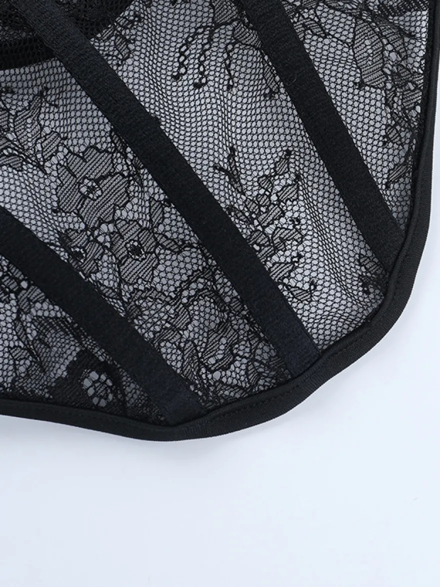 Chemisier corset en dentelle à épaules dénudées pour femme - Bustier noir transparent à manches longues en maille - Tenue de soirée printanière 2026