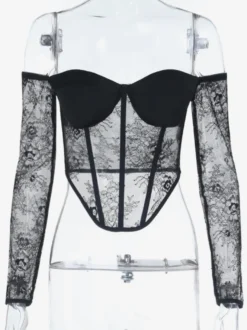 Chemisier corset en dentelle à épaules dénudées pour femme - Bustier noir transparent à manches longues en maille - Tenue de soirée printanière 2026