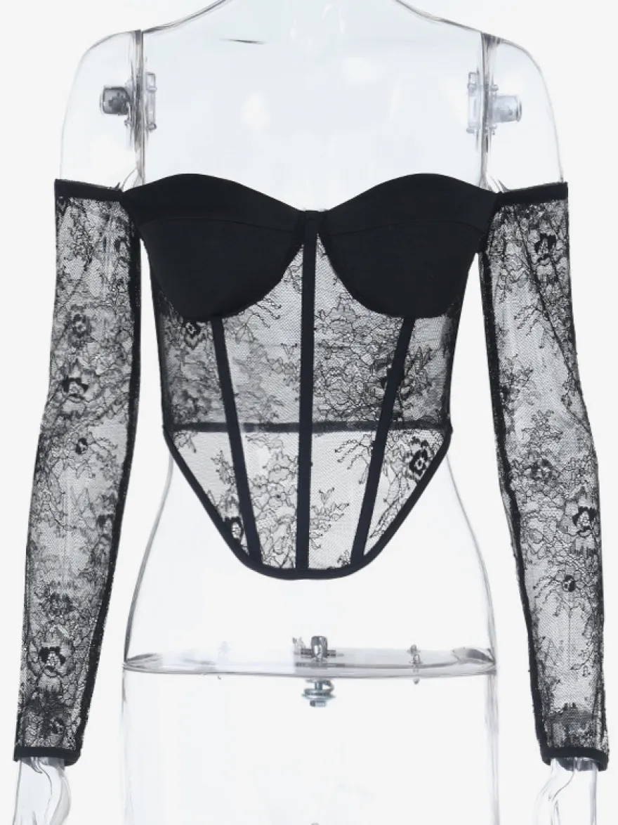 Chemisier corset en dentelle à épaules dénudées pour femme - Bustier noir transparent à manches longues en maille - Tenue de soirée printanière 2026