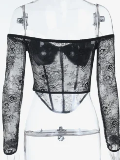 Chemisier corset en dentelle à épaules dénudées pour femme - Bustier noir transparent à manches longues en maille - Tenue de soirée printanière 2026