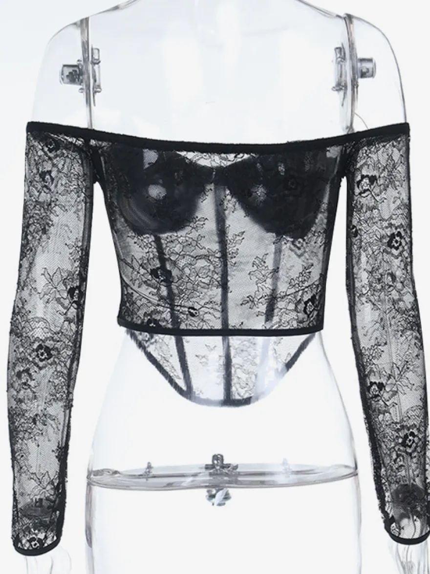 Chemisier corset en dentelle à épaules dénudées pour femme - Bustier noir transparent à manches longues en maille - Tenue de soirée printanière 2026