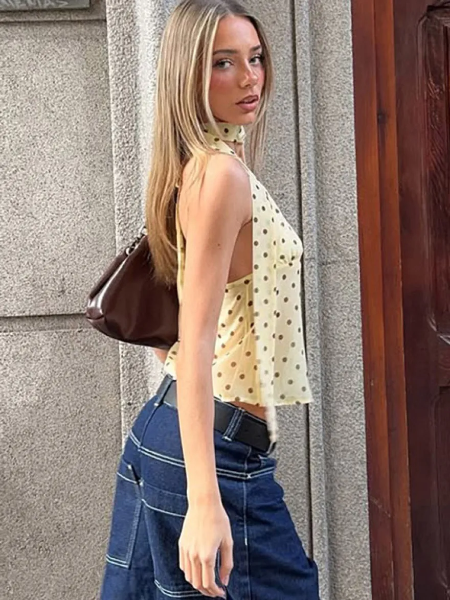 Chemisier court slim à pois sans manches et ras du cou