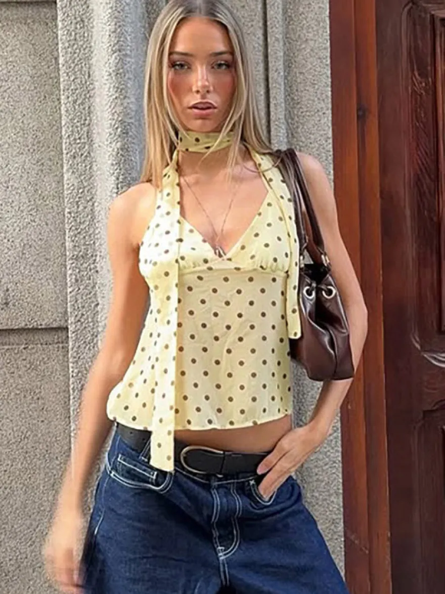 Chemisier court slim à pois sans manches et ras du cou