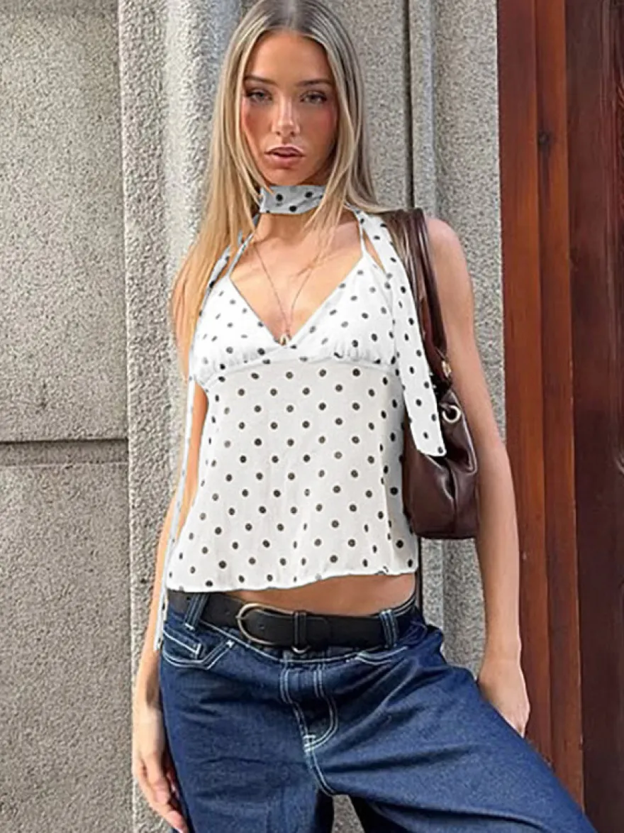 Chemisier court slim à pois sans manches et ras du cou