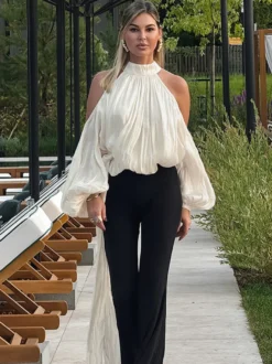 Chemisier dos nu à épaules dénudées pour femme - Haut élégant à manches lanternes et coupe ample avec foulard - Collection Fairycore Printemps 2026