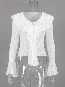 Chemisier en dentelle florale transparente pour femme - Haut blanc élégant à col en V et manches cloche - Collection Coquette Fairycore Printemps 2026